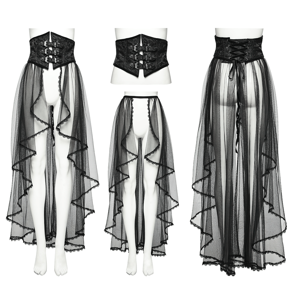 Gothic lace-up black mesh corset and detachable skirt set for women, featuring a striking layered silhouette.