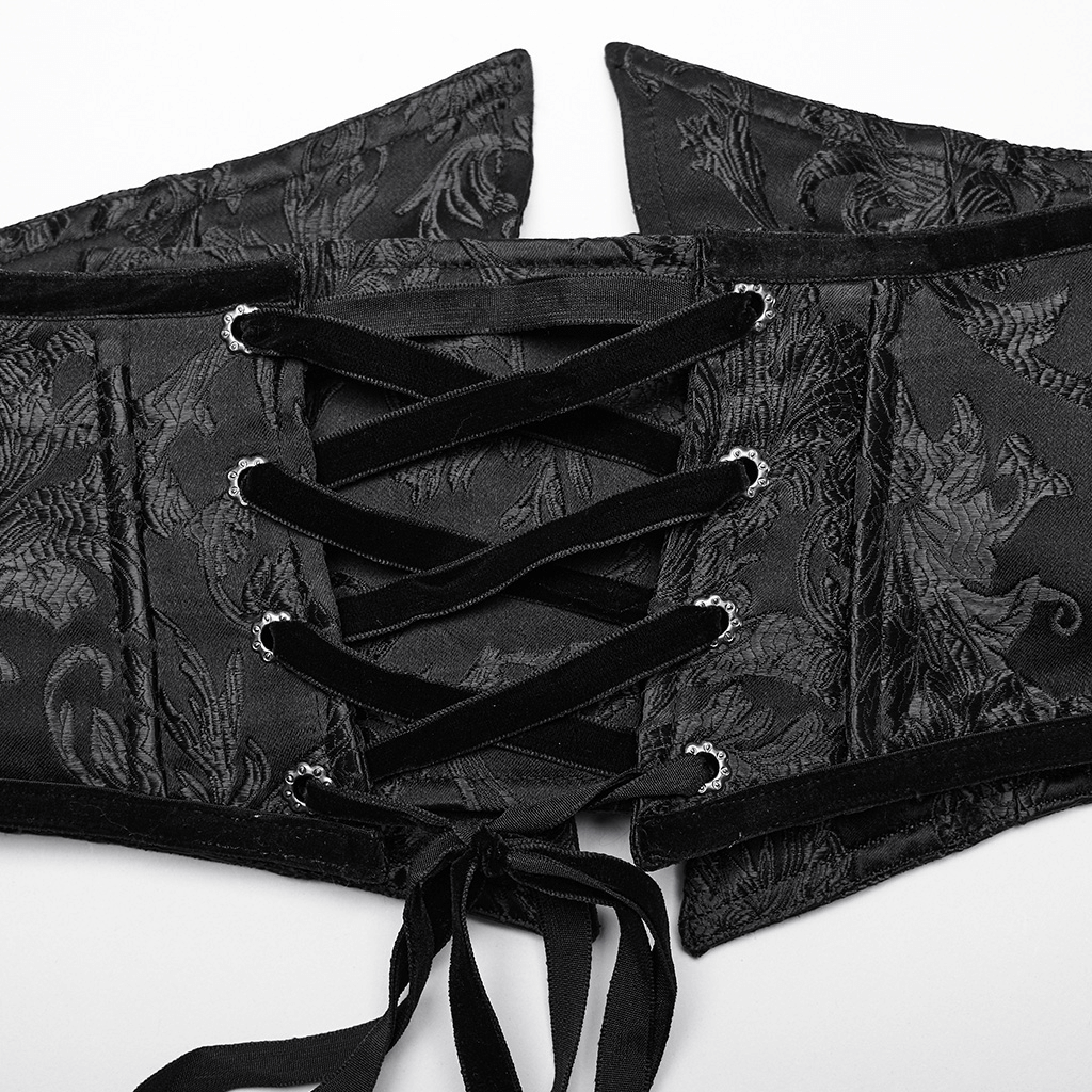 Black Gothic lace-up mesh corset showcasing intricate fabric details and adjustable laces for a perfect fit.
