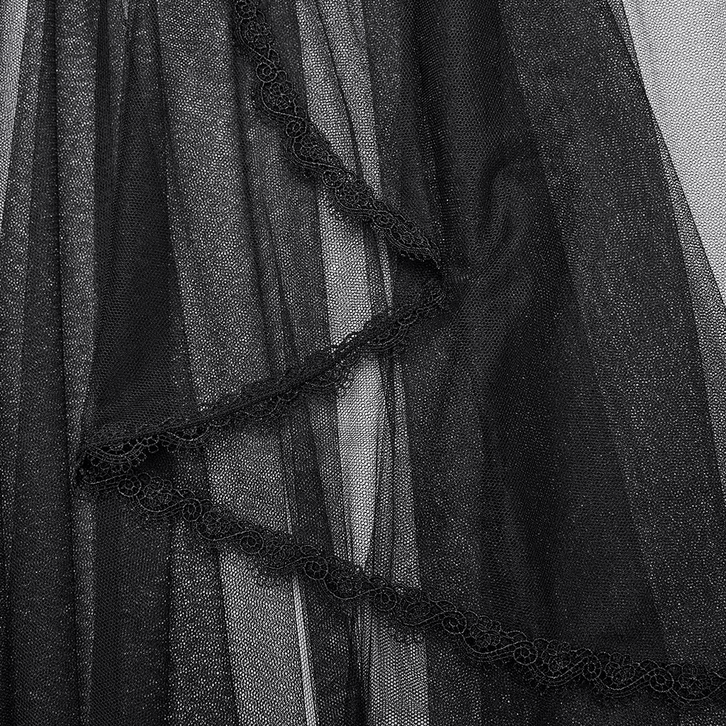 Close-up of black lace-trimmed mesh fabric, perfect for adding a gothic flair to outfits.