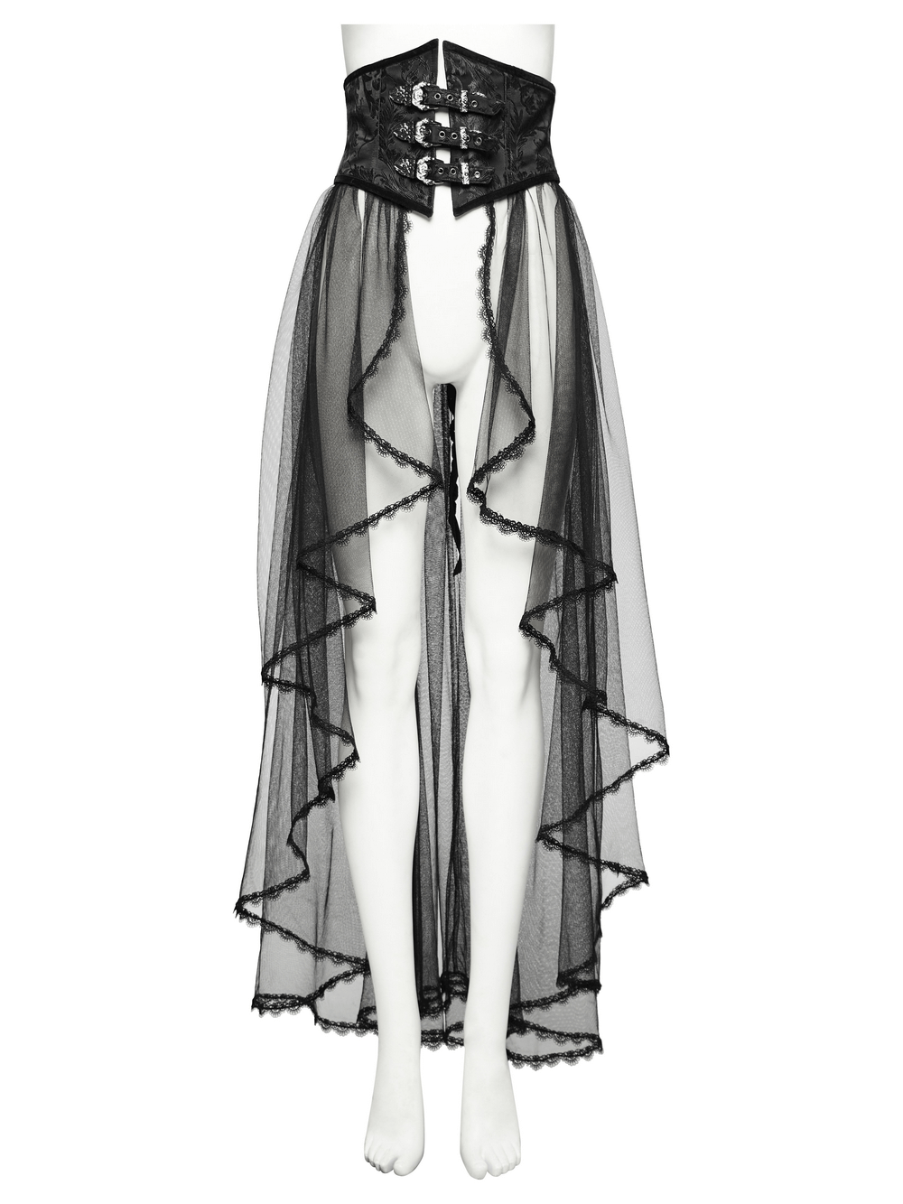 Gothic lace-up black mesh corset with detachable skirt, showcasing a dramatic layered design for a Victorian-inspired look.