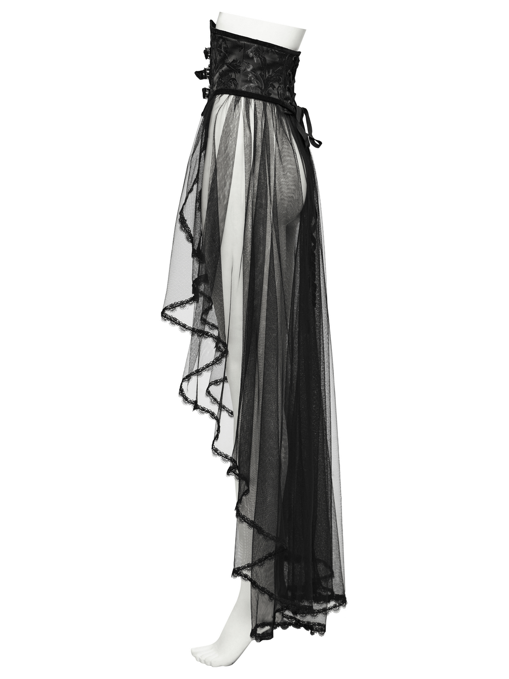 Gothic black mesh skirt with lace trim, adding a striking layered touch to complete the corset outfit.