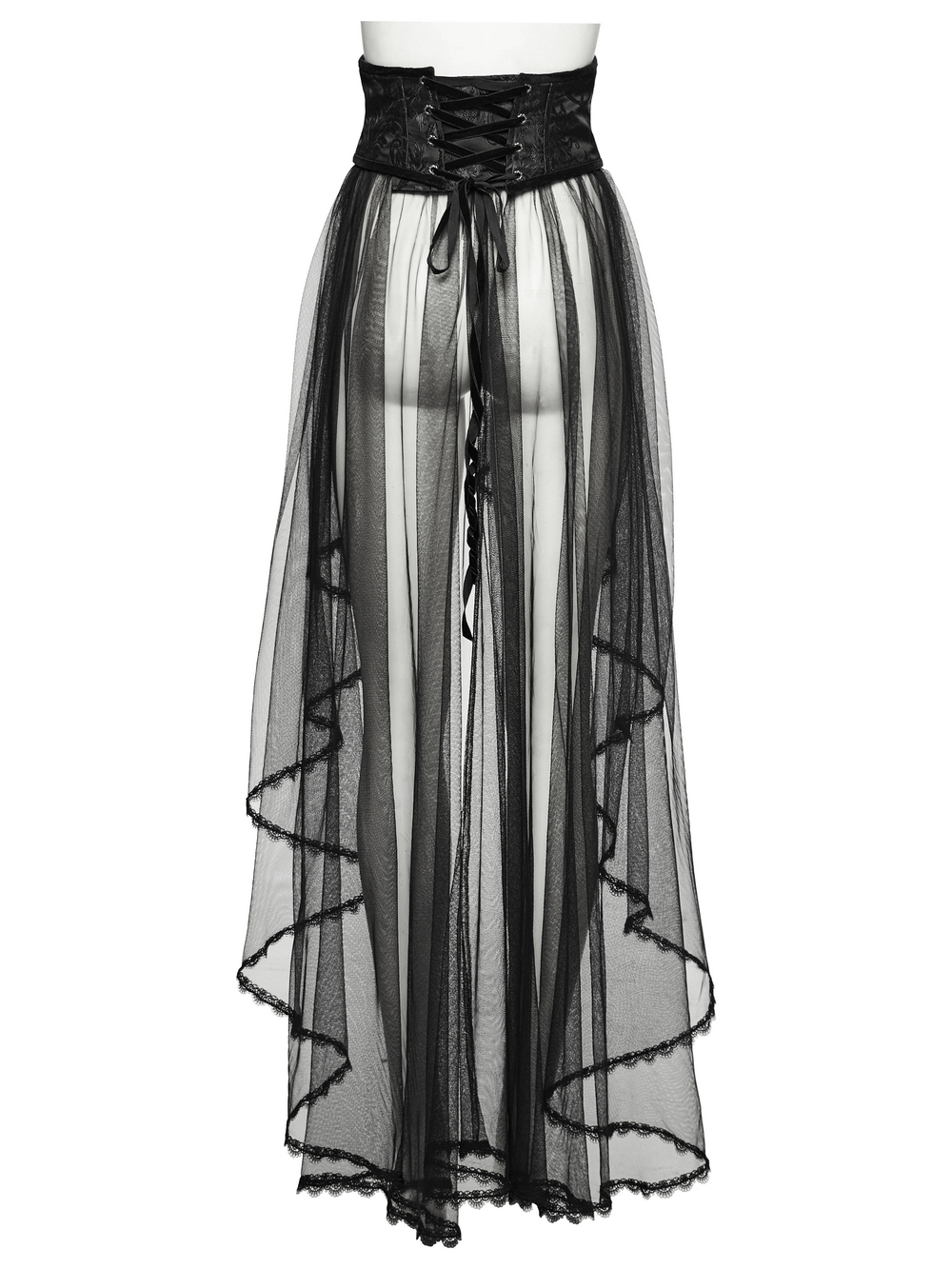 Gothic black lace-up mesh skirt with elegant sheer layers for a daring and enchanting look.