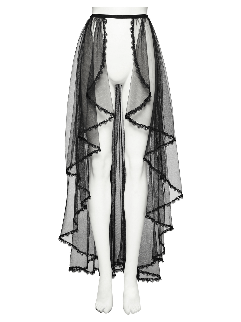 Flowy black mesh skirt with layered ruffles and lace trim for a dramatic gothic flair.