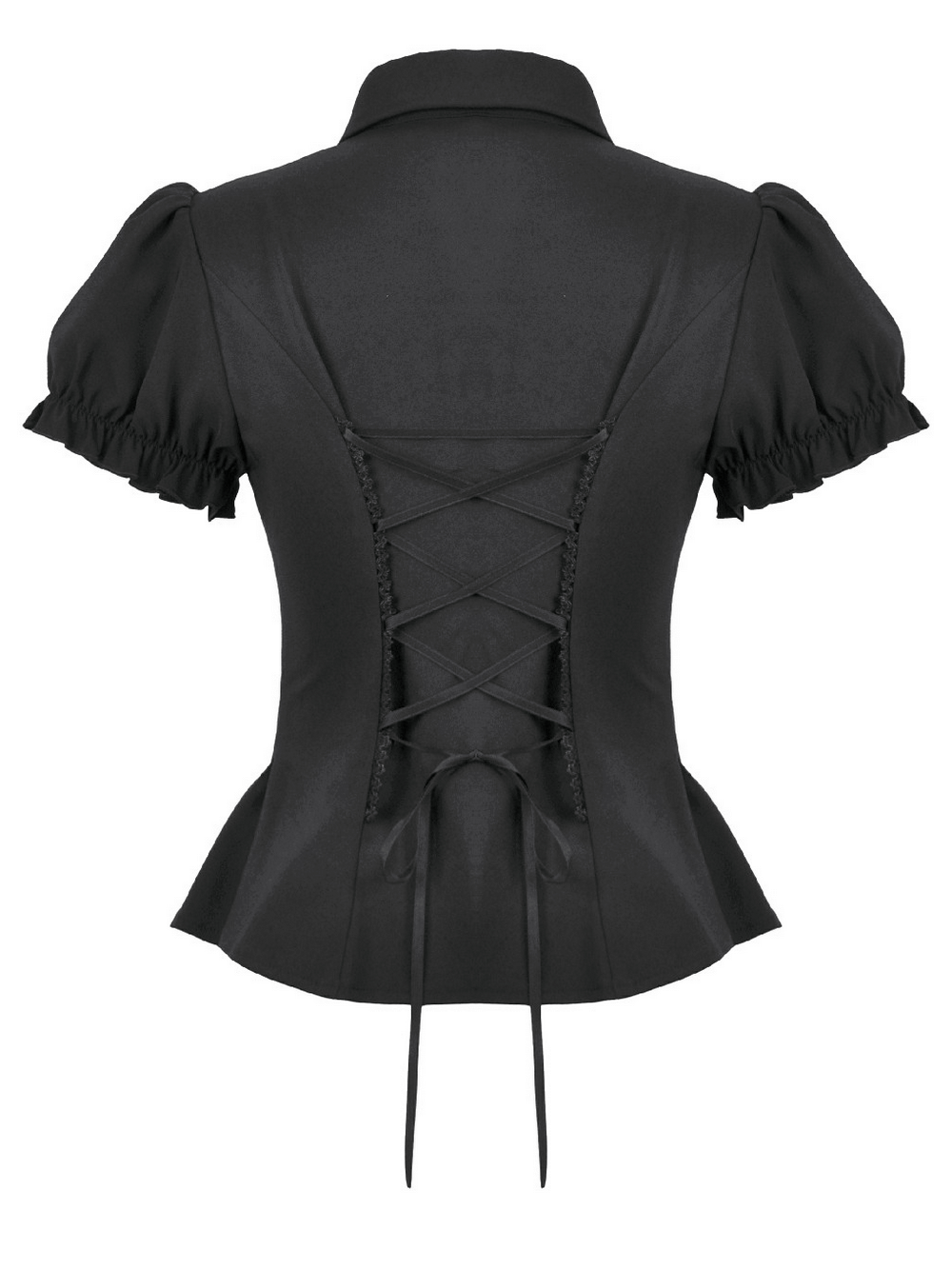Gothic Lace-up Puff Sleeve Waist-Shaping Shirt with Bow Tie back view showcasing lace-up design and puff sleeves.