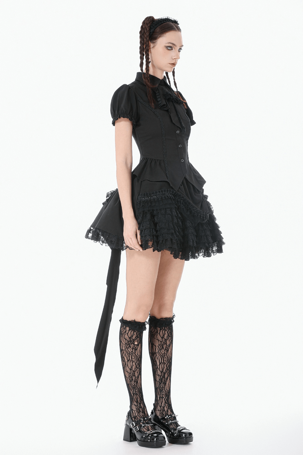Gothic Lace-up Puff Sleeve Waist-Shaping Shirt with Bow Tie styled elegantly on a model with puff sleeves and lace details.