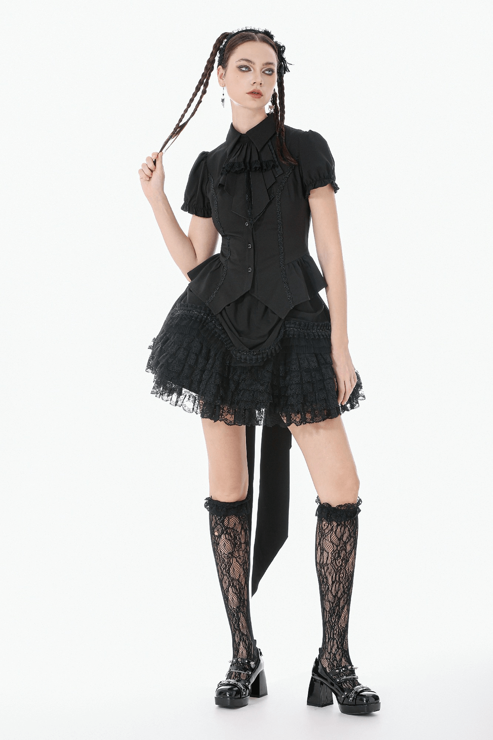Gothic Lace-up Puff Sleeve Waist-Shaping Shirt with Bow Tie worn by model showing stylish black gothic attire.