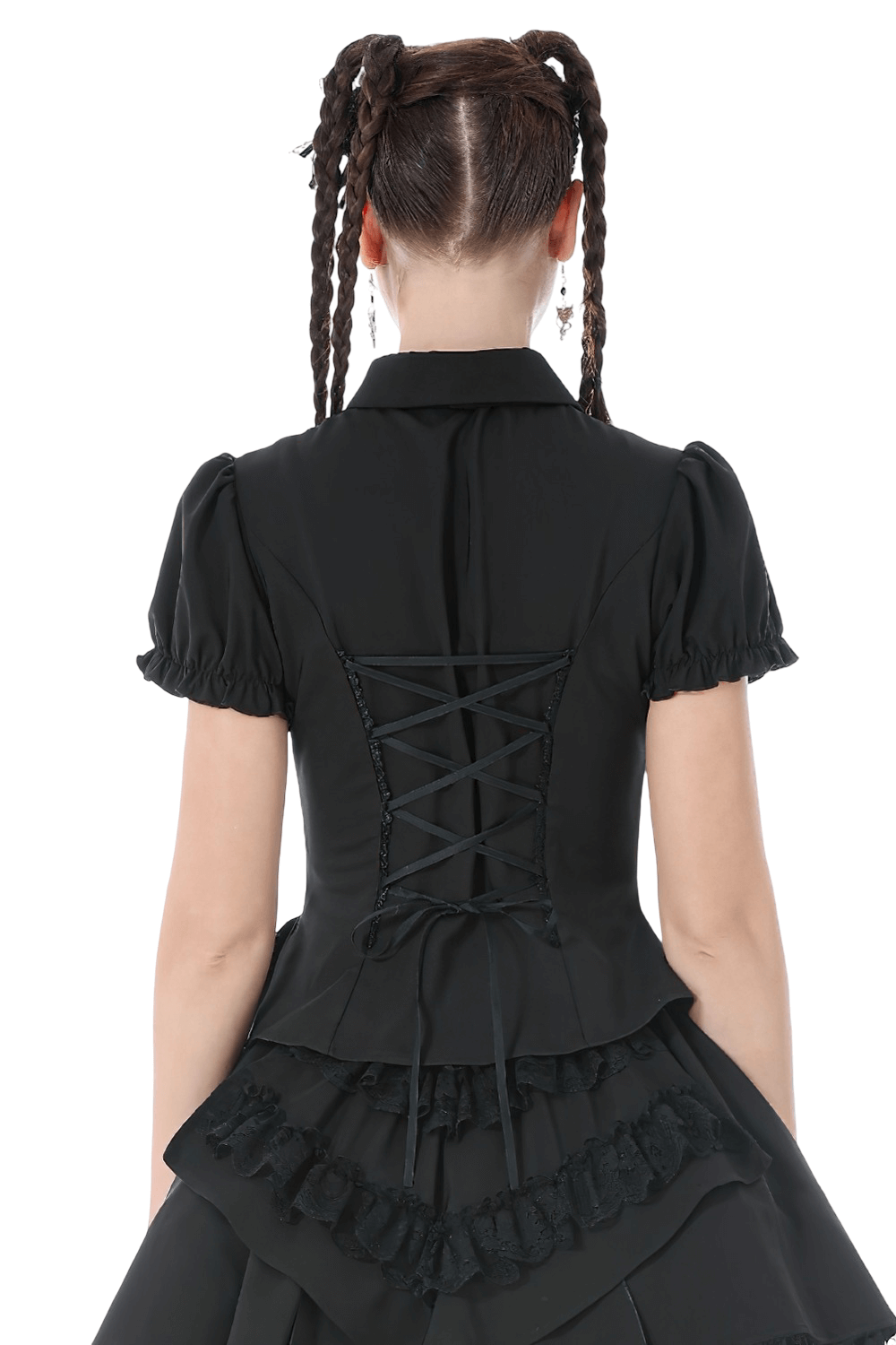 Gothic Lace-up Puff Sleeve Waist-Shaping Shirt with Bow Tie showcasing adjustable back and elegant puffed sleeves.