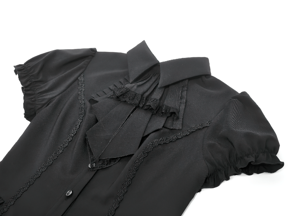 Gothic Lace-up Puff Sleeve Waist-Shaping Shirt with Bow Tie displayed in black with puff sleeves and lace details.
