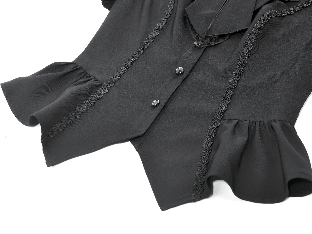 Gothic Lace-up Puff Sleeve Waist-Shaping Shirt with Bow Tie in elegant black fabric featuring lace detailing.