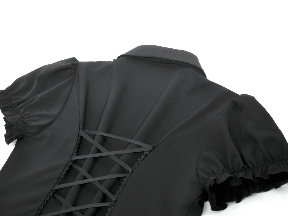 Gothic Lace-up Puff Sleeve Waist-Shaping Shirt with Bow Tie close-up view showcasing the lace-up back detail.