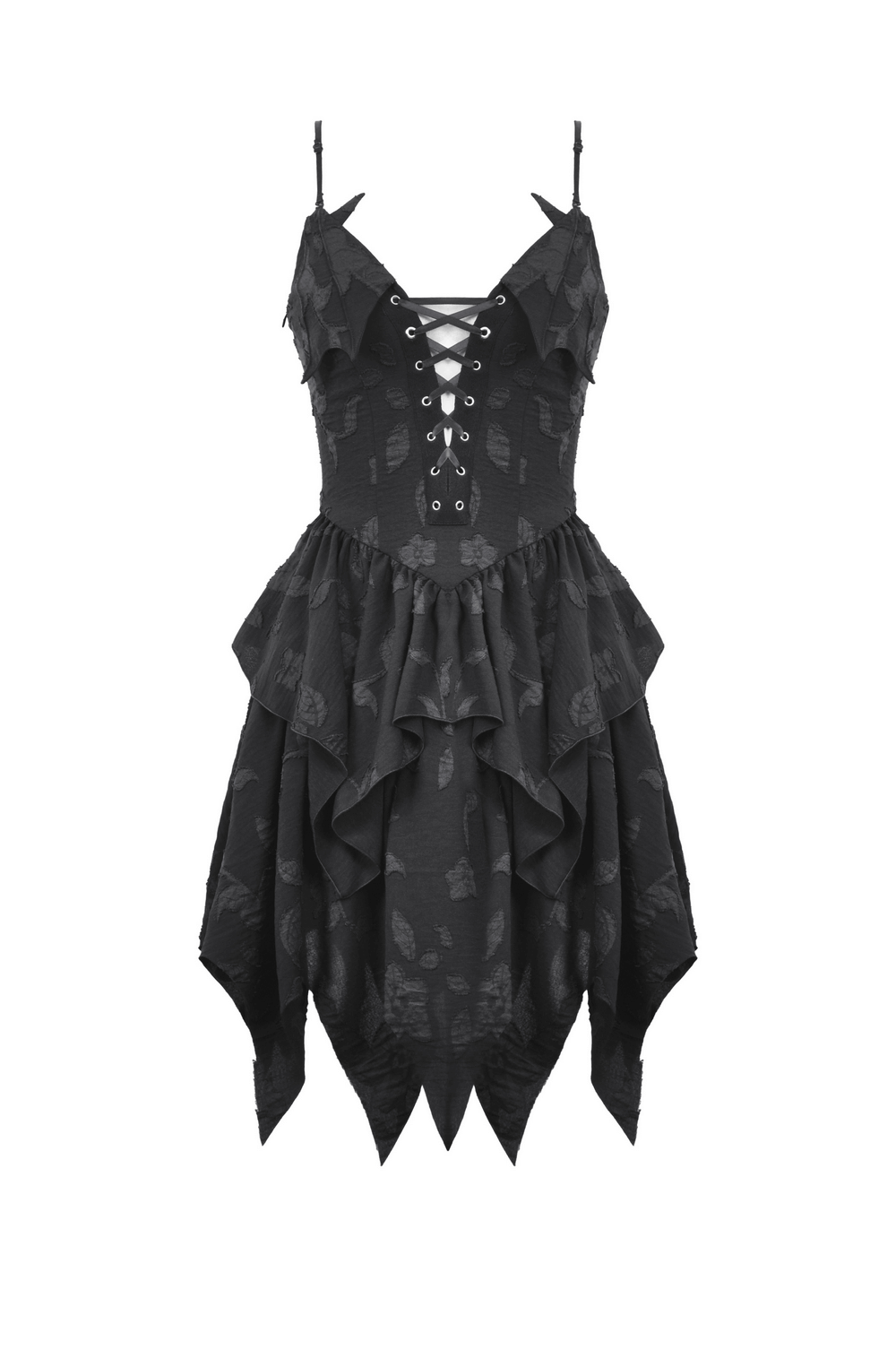 Gothic lace-up ruffled black dress with jagged hemline and layered ruffles, perfect for dark elegance.