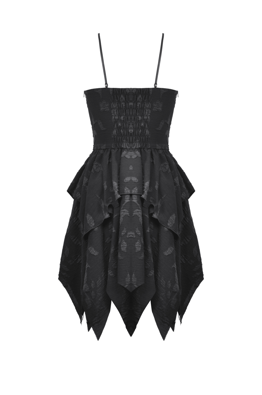 Gothic lace-up black dress with layered ruffles and jagged hemline, showcasing dark elegance.