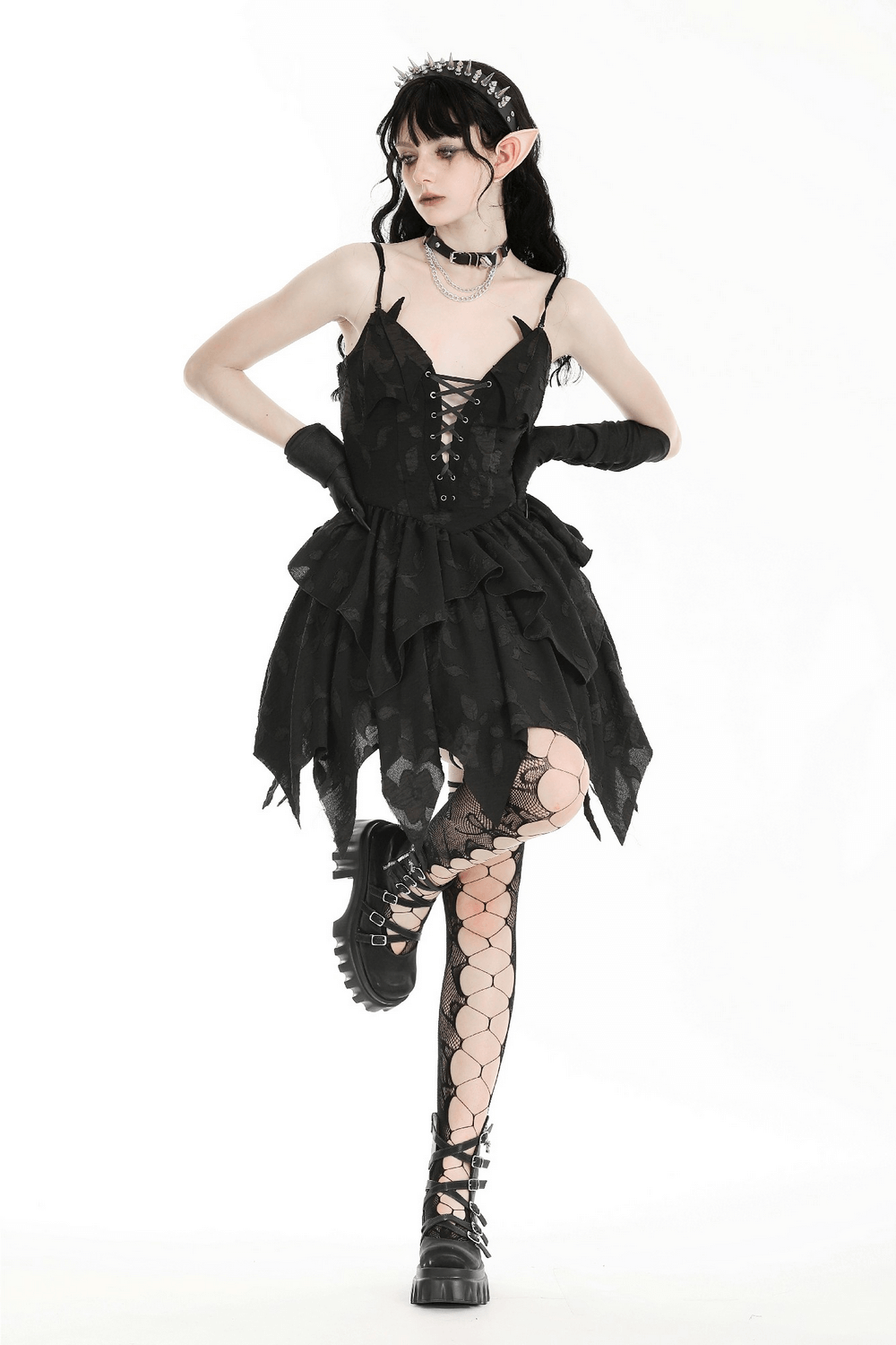 Gothic lace-up ruffled black dress with jagged hemline, layered ruffles, perfect for dark aesthetic lovers.