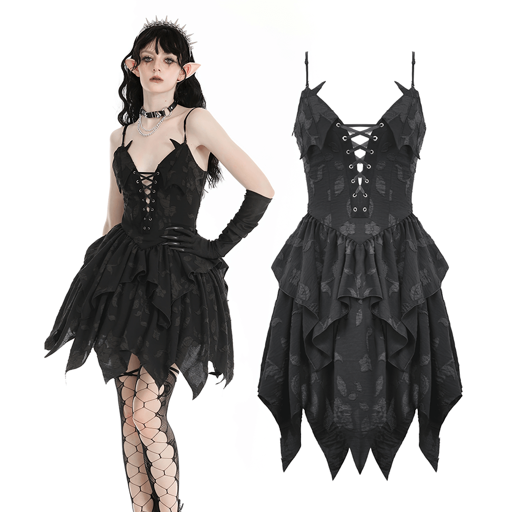 Gothic Lace-Up Ruffled Black Dress with Jagged Hemline