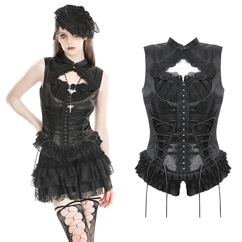 Victorian-inspired black lace-up top with ruffle trim, showcasing Gothic elegance and style.