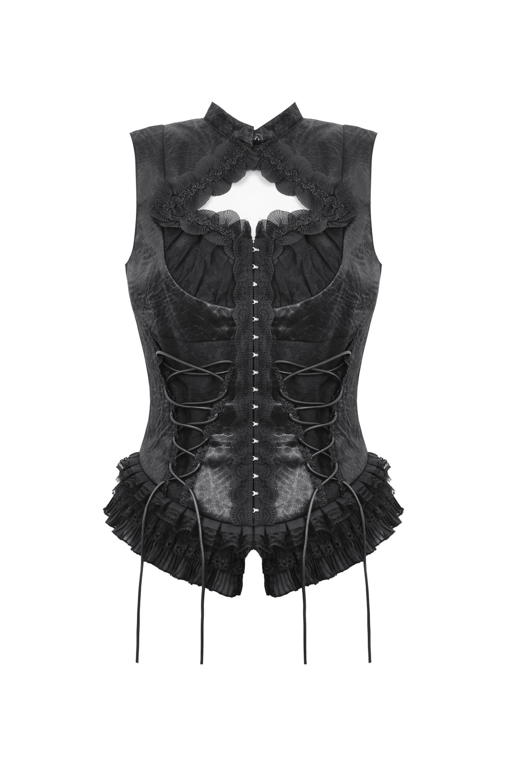 Victorian-inspired black lace-up top with ruffle trim, showcasing a striking heart-shaped neckline.