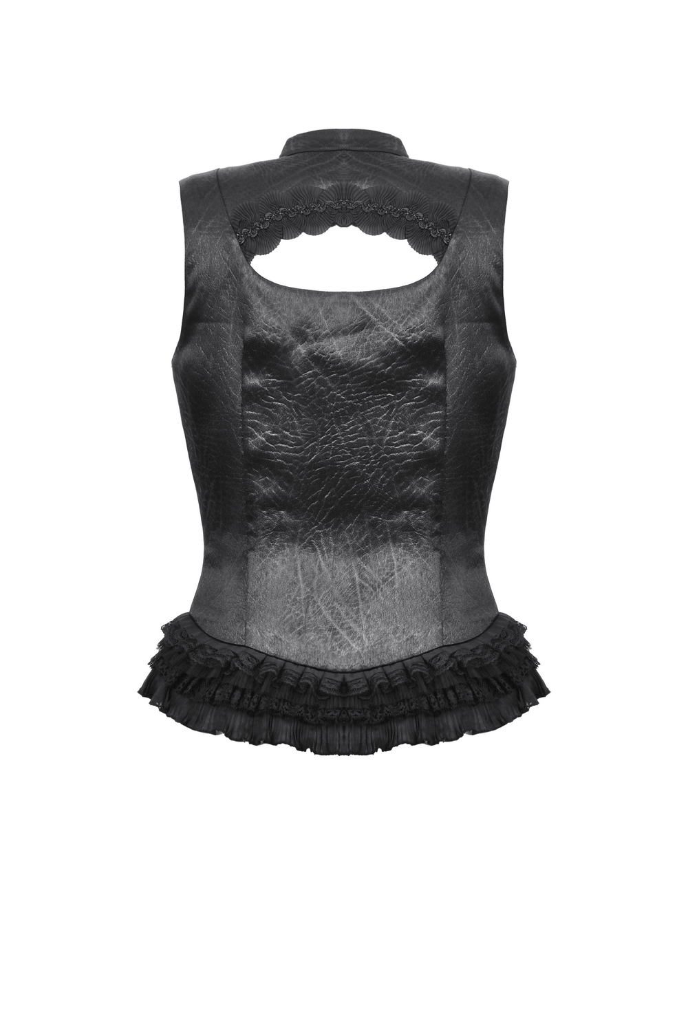 Back view of a Gothic black sleeveless top with ruffle trim and a stylish cutout design.