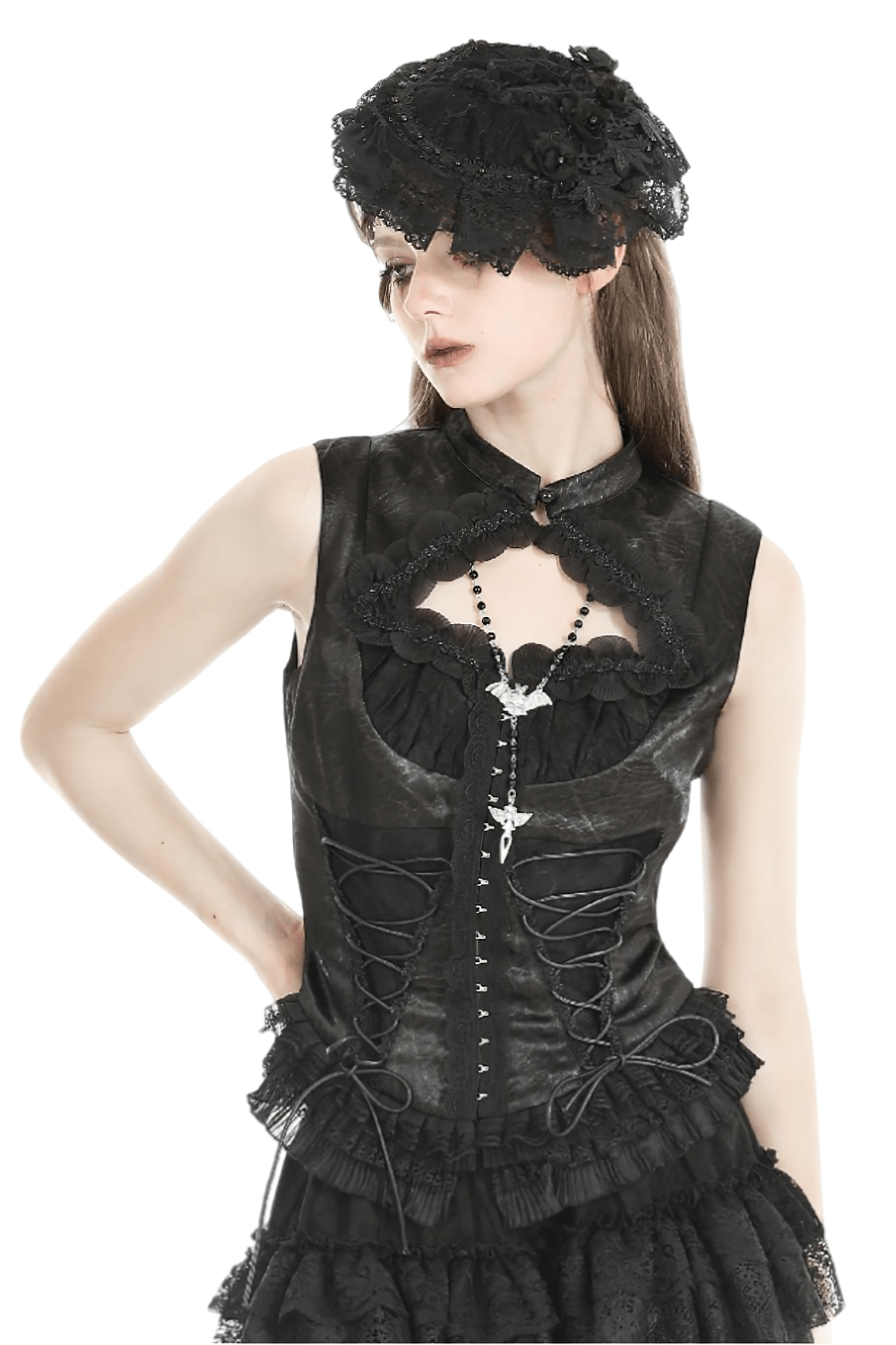 Gothic lace-up black top with ruffle trim, featuring a heart-shaped neckline and stylish accessories.