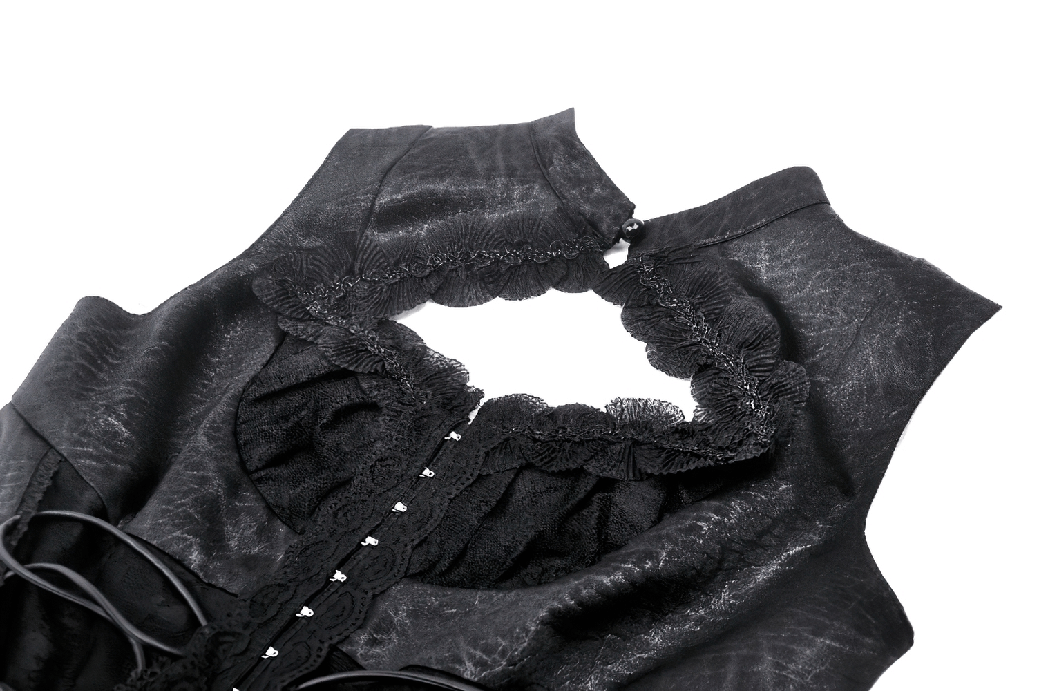 Victorian-inspired black lace-up top with ruffle trim featuring a heart-shaped neckline, perfect for Gothic fashion.