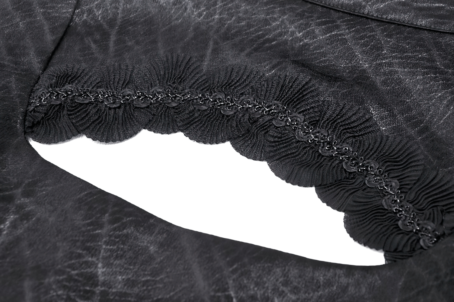 Close-up of black Gothic ruffle trim detail with intricate lace embellishment for stylish tops.