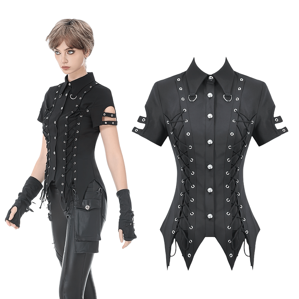 Gothic Lace-Up Shirt with Buttons and D-Ring Collar styled on a mannequin and model with edgy accessories.