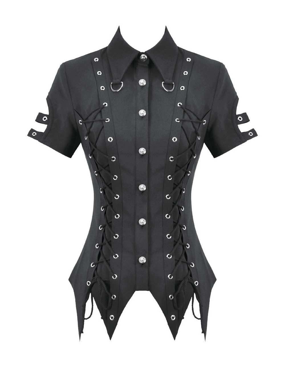 Gothic Lace-Up Shirt with Buttons and D-Ring Collar featuring grommet lace panels and dramatic side lace-up details.