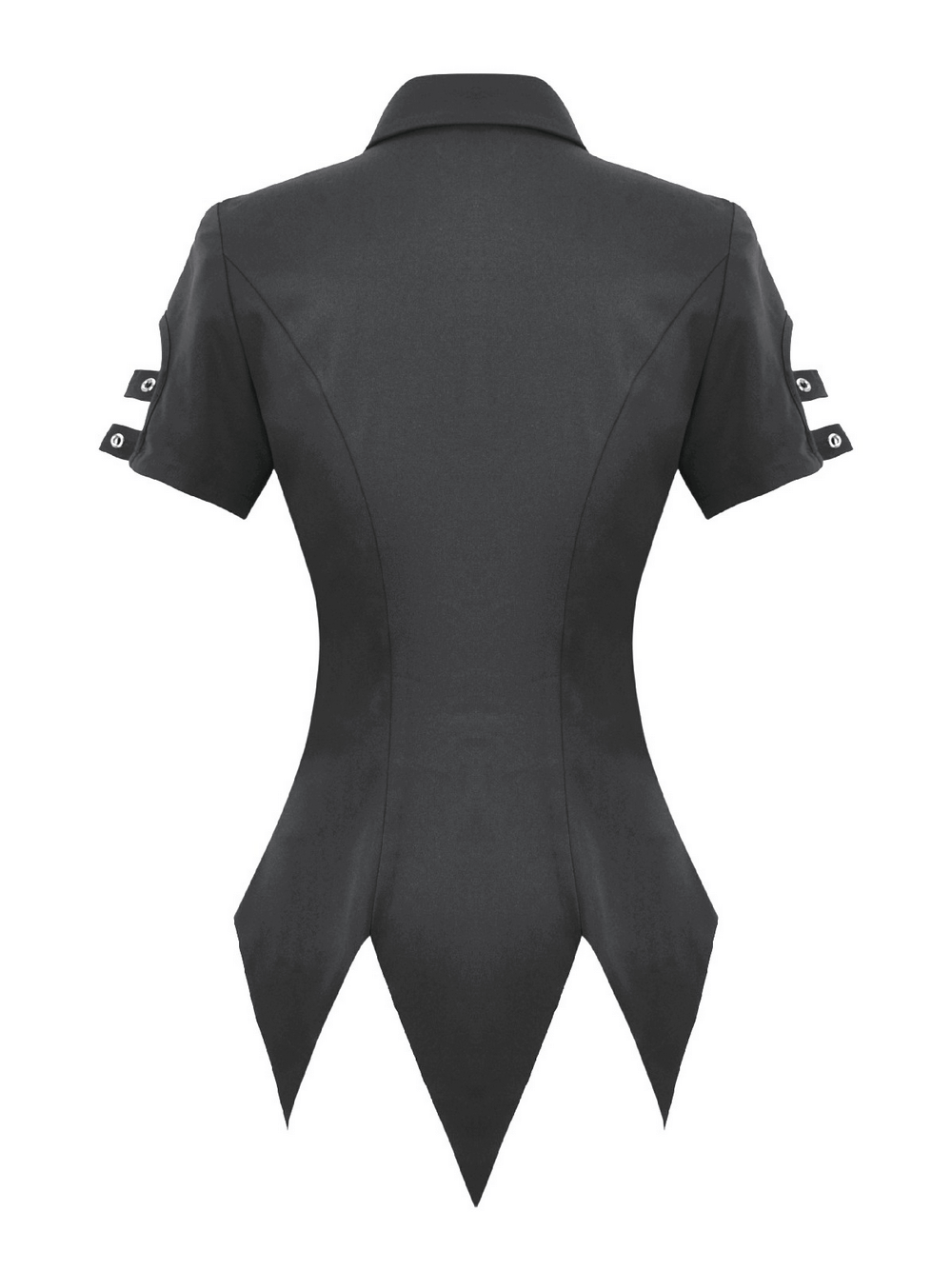 Back view of Gothic Lace-Up Shirt with Buttons and D-Ring Collar showcasing its pointed tail hem and grommet lace panels.