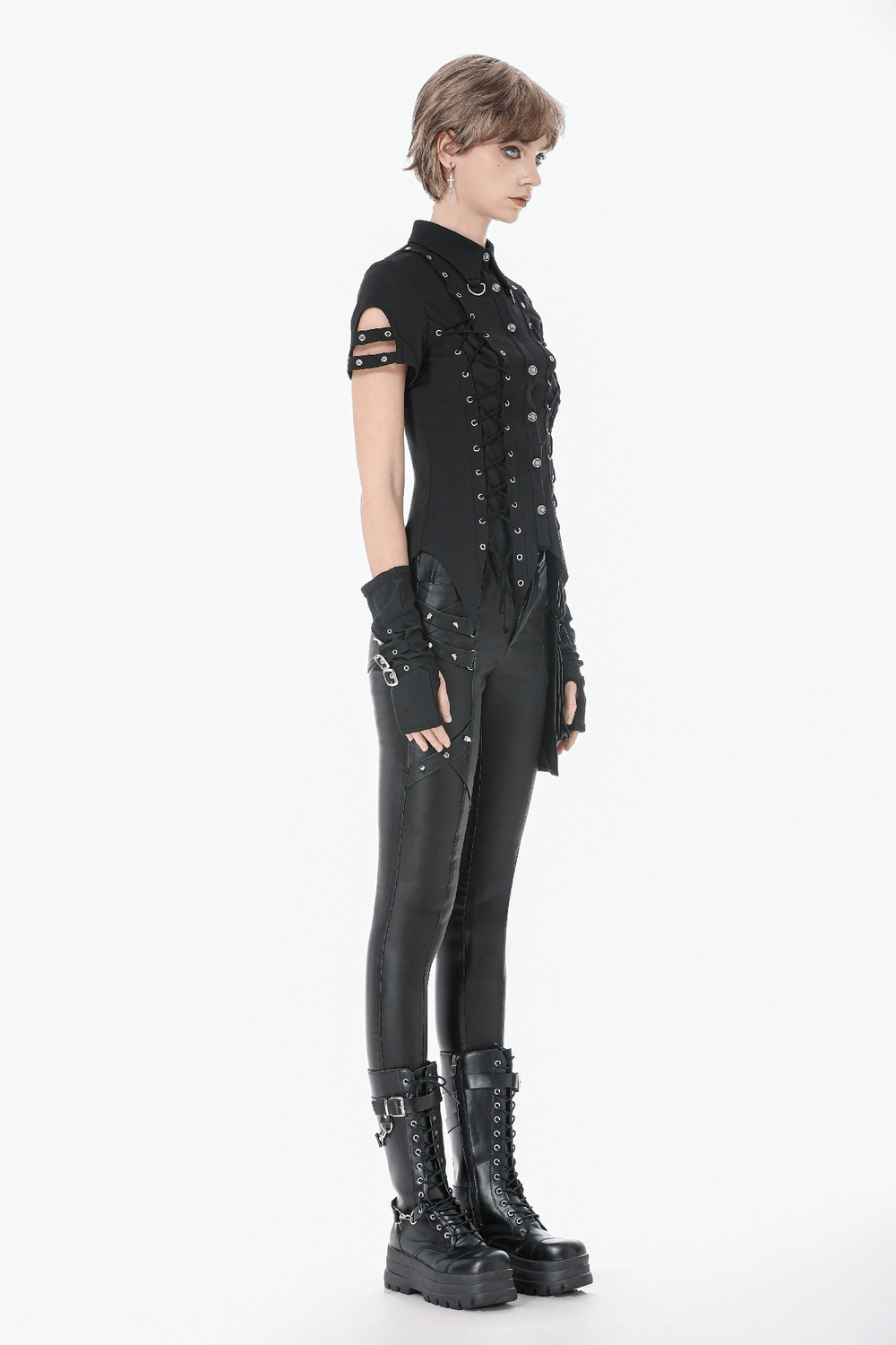 Gothic Lace-Up Shirt with Buttons and D-Ring Collar showcased with black leather pants and boots.