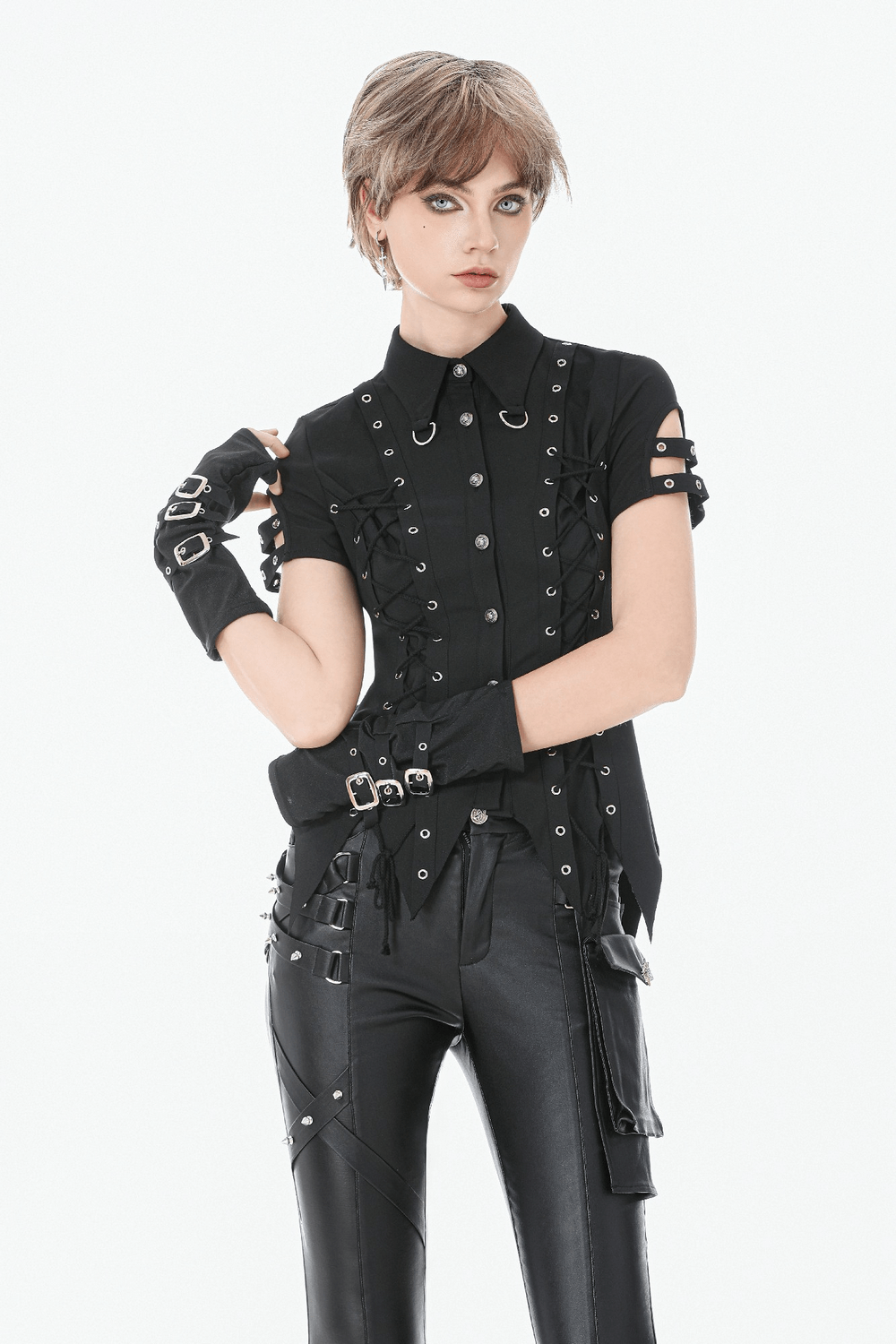Gothic Lace-Up Shirt with Buttons and D-Ring Collar worn by model, showcasing lace-up design and edgy accessories.
