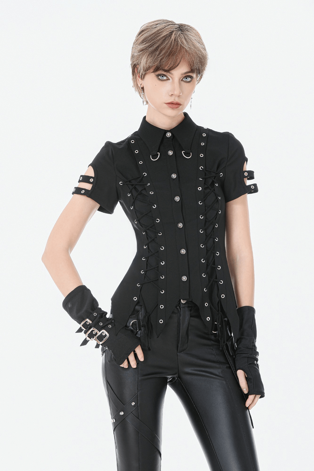 Gothic Lace-Up Shirt with Buttons and D-Ring Collar on model, showcasing lace panels and grommet details for a striking look.