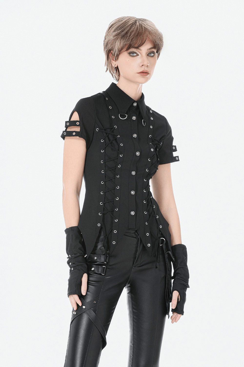 Gothic Lace-Up Shirt with Buttons and D-Ring Collar worn by a model showcasing gothic style with lace and grommet details.
