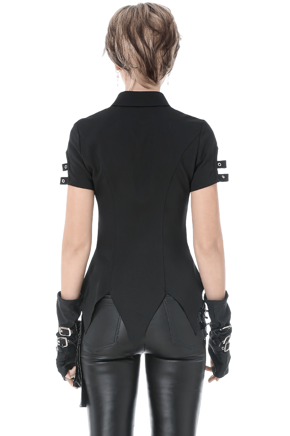 Gothic Lace-Up Shirt with Buttons and D-Ring Collar, showcasing the back design with pointed tail hem and strap tabs.