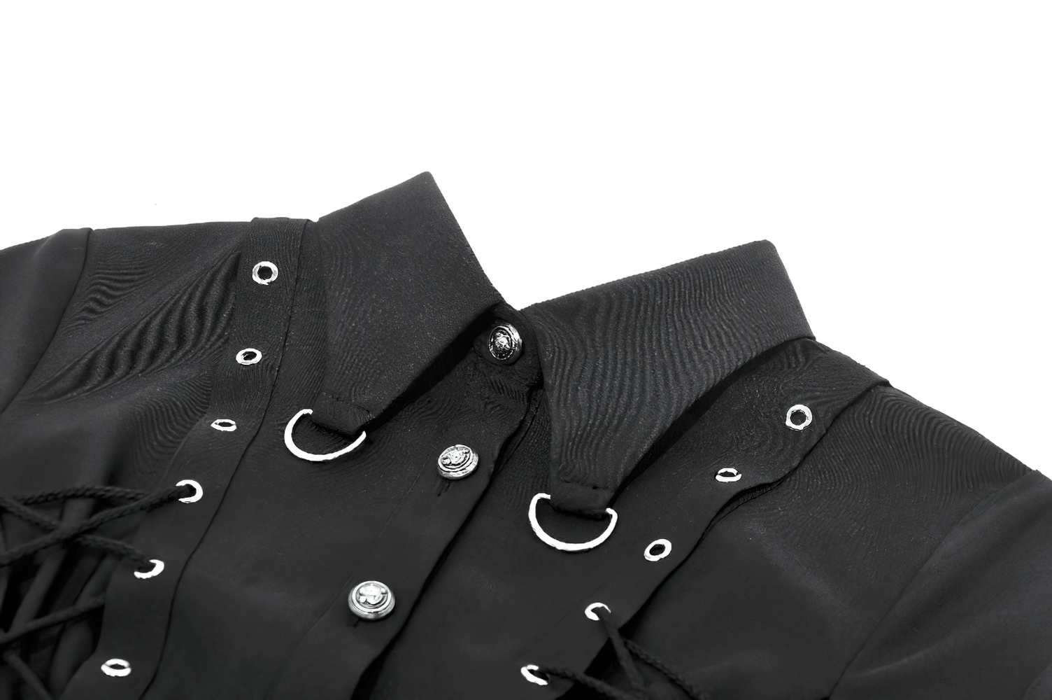 Gothic Lace-Up Shirt with Buttons and D-Ring Collar close-up showing lace panels and collar details.