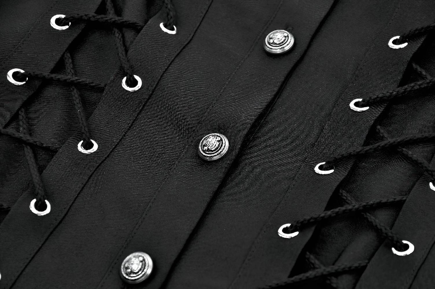 Gothic Lace-Up Shirt with Buttons and D-Ring Collar featuring grommet lace panels and button detail.