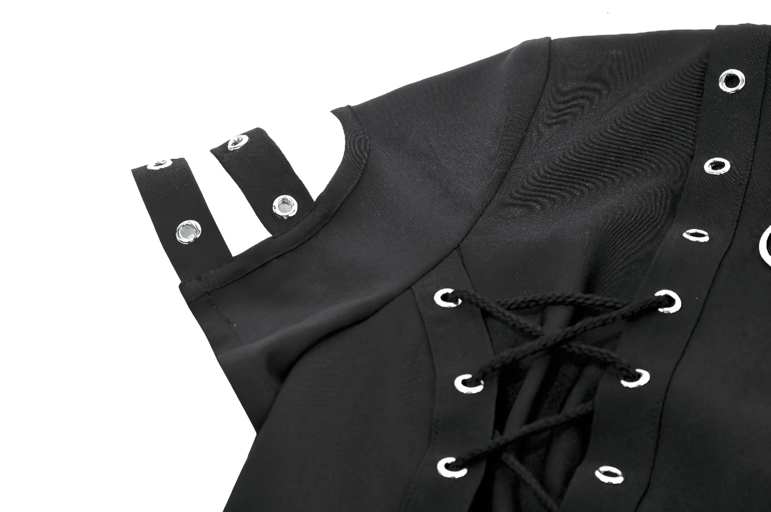 Gothic Lace-Up Shirt with Buttons and D-Ring Collar featuring lace panels and grommet details for a dramatic look.