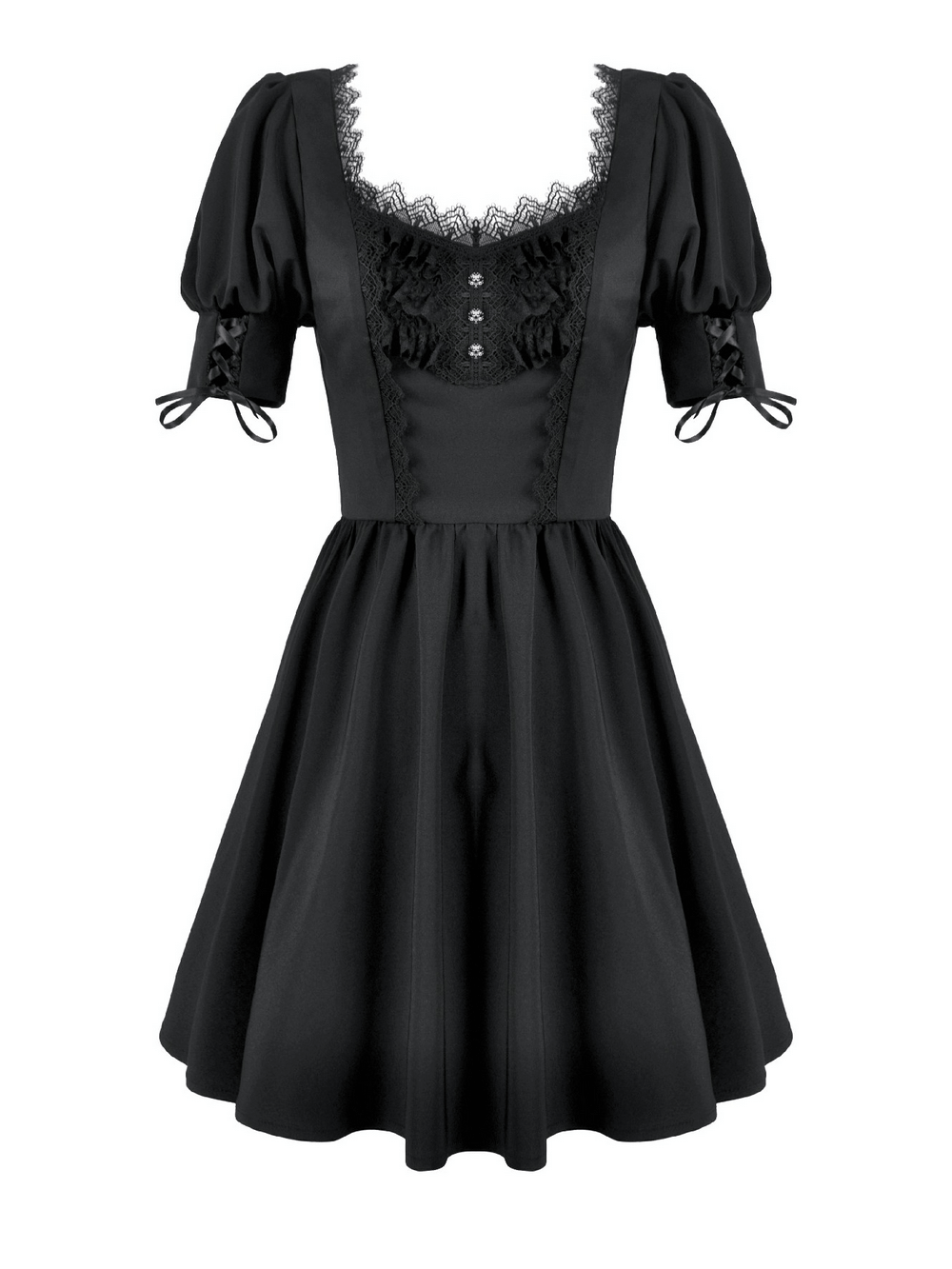 Gothic Lace-Up Short Sleeve Ruffle Dress with Corset Detail featuring puff sleeves and lace detailing.