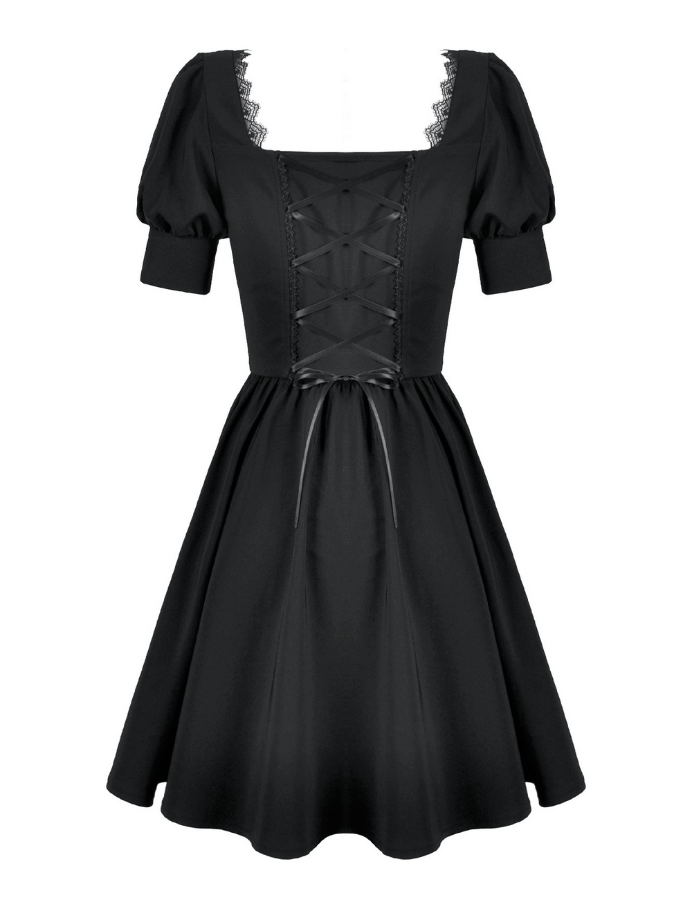 Gothic Lace-Up Short Sleeve Ruffle Dress with Corset Detail featuring puff sleeves and ruffled hem.