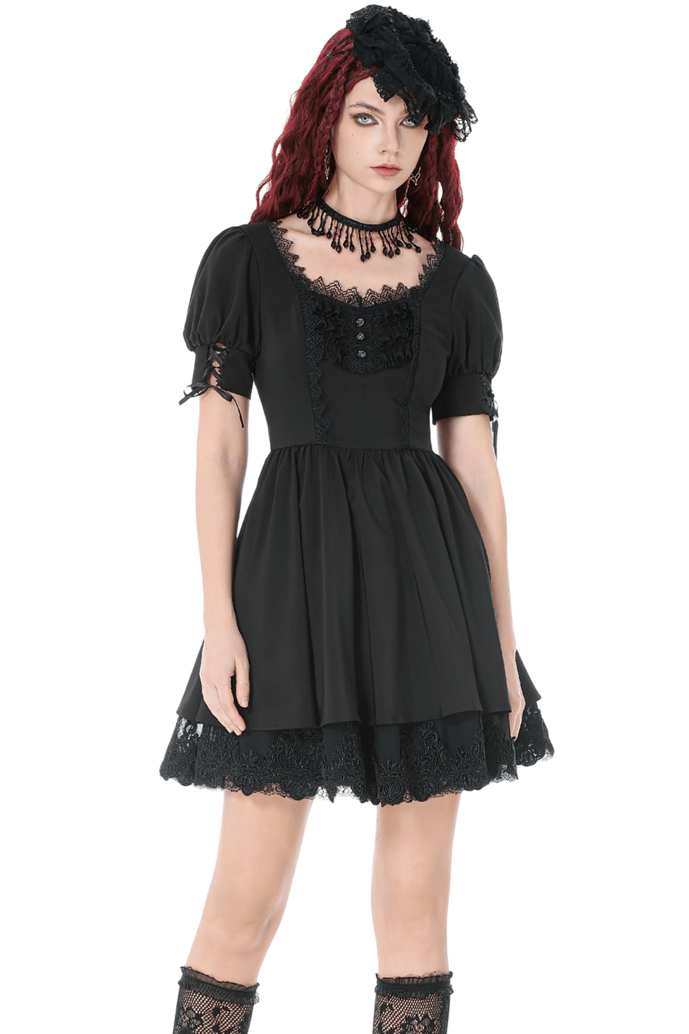 Gothic Lace-Up Short Sleeve Ruffle Dress with Corset Detail model showcasing elegant design and black lace accents.