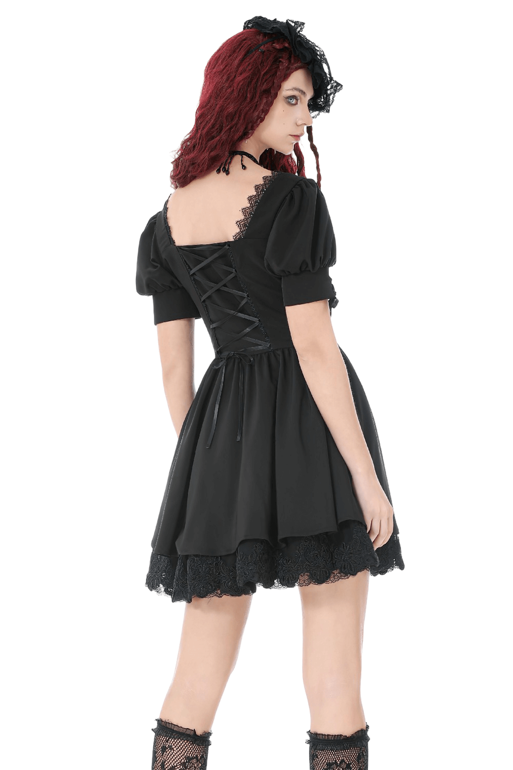 Gothic Lace-Up Short Sleeve Ruffle Dress with Corset Detail showcasing the intricate lace and puffed sleeves.