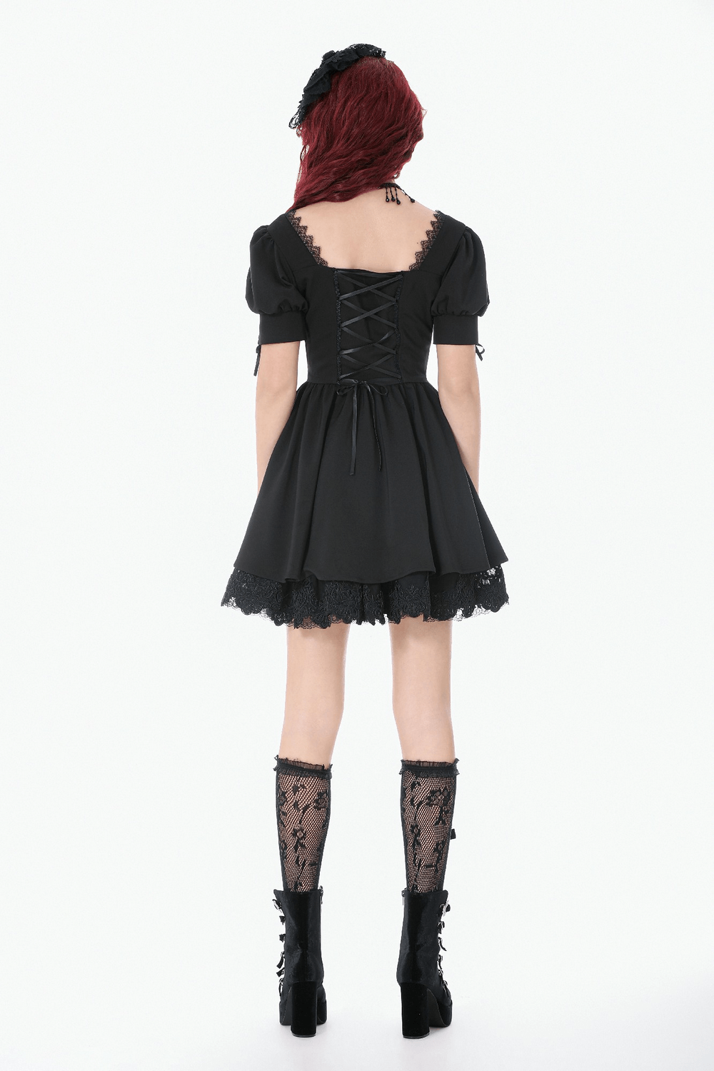 Gothic Lace-Up Short Sleeve Ruffle Dress with Corset Detail, showcasing the back view with puff sleeves and lace accents.