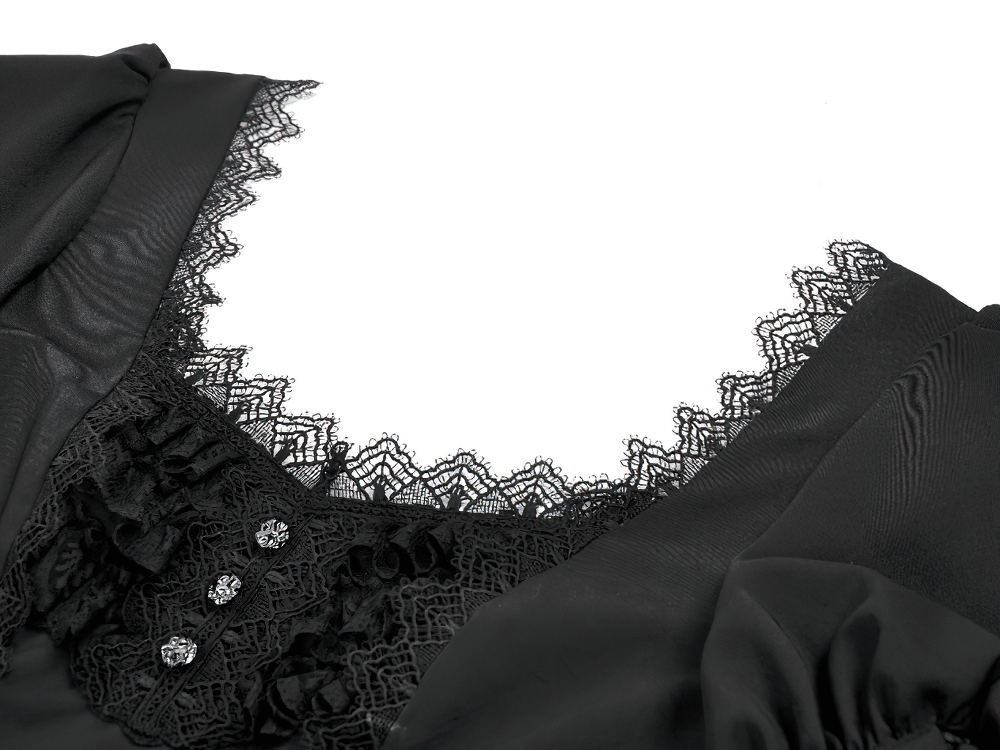Gothic Lace-Up Short Sleeve Ruffle Dress with Corset Detail featuring intricate lace neckline and puff sleeves.