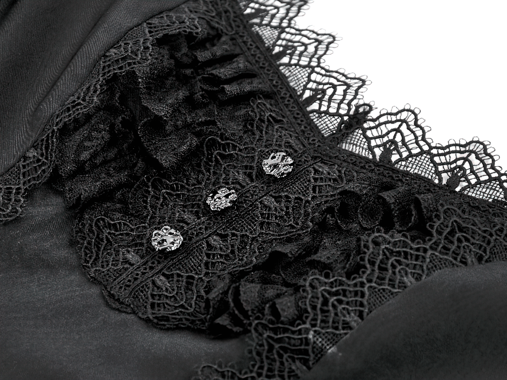 Close-up of Gothic Lace-Up Short Sleeve Ruffle Dress with Corset Detail showing intricate lace and button design.