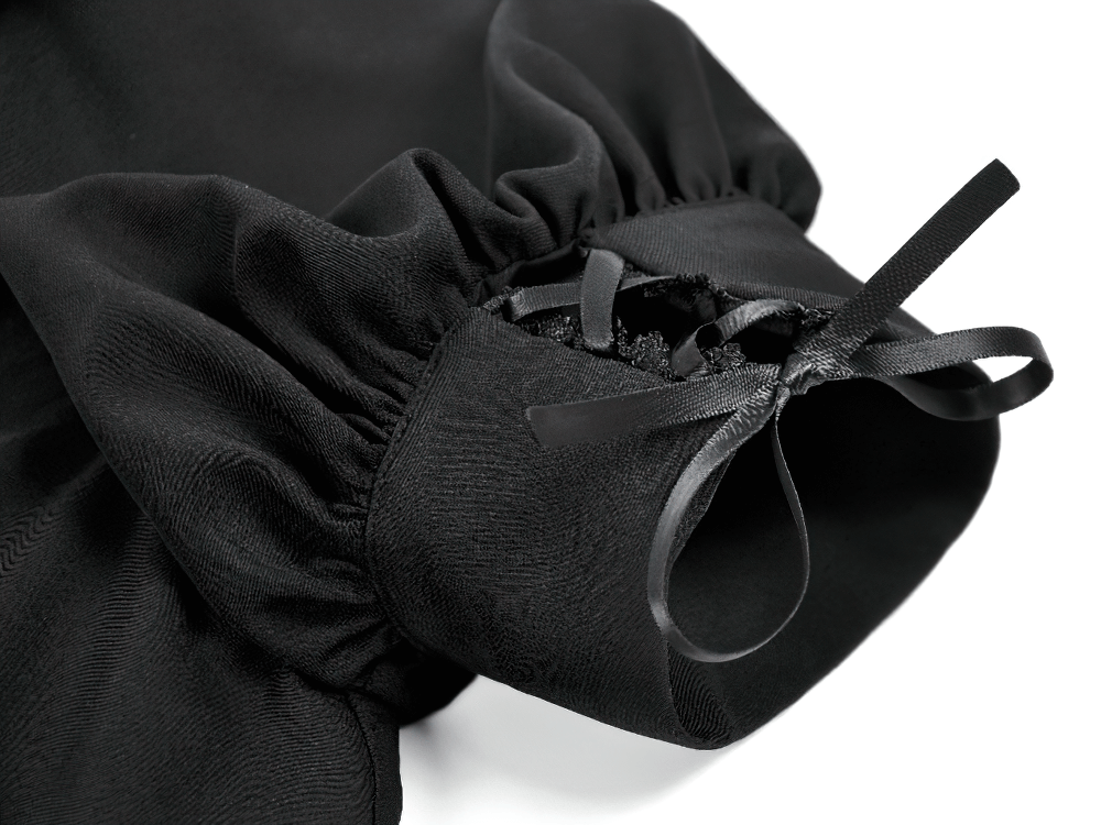 Detail of the Gothic Lace-Up Short Sleeve Ruffle Dress with Corset Detail, showcasing the elegant lace-up puff sleeves.