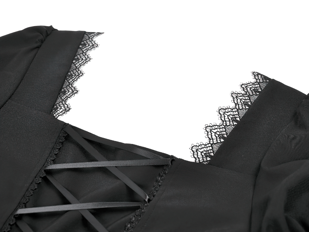 Gothic Lace-Up Short Sleeve Ruffle Dress with Corset Detail lace-up design and delicate lace neckline close-up