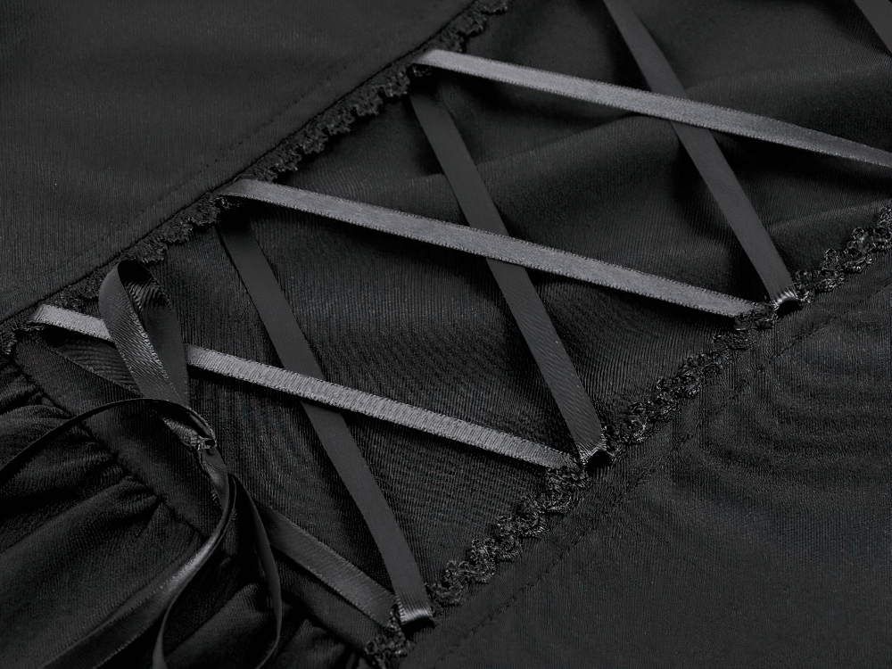 Gothic Lace-Up Short Sleeve Ruffle Dress with Corset Detail showcasing intricate lace-up design and black satin ribbons.