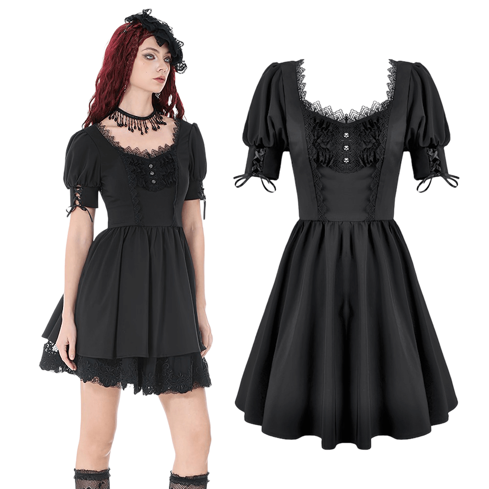 Gothic Lace-Up Short Sleeve Ruffle Dress with Corset Detail featuring puff sleeves and lace trim.