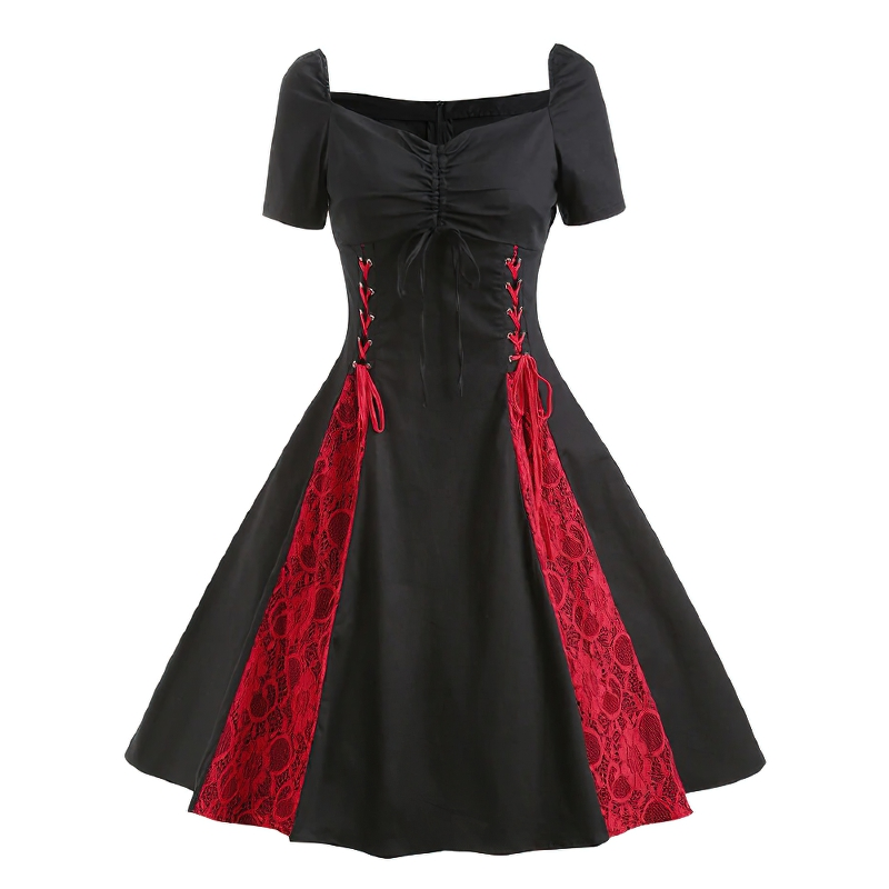 Elegant gothic lace-up short sleeve dress in black with striking red lace inserts, perfect for vintage style lovers.