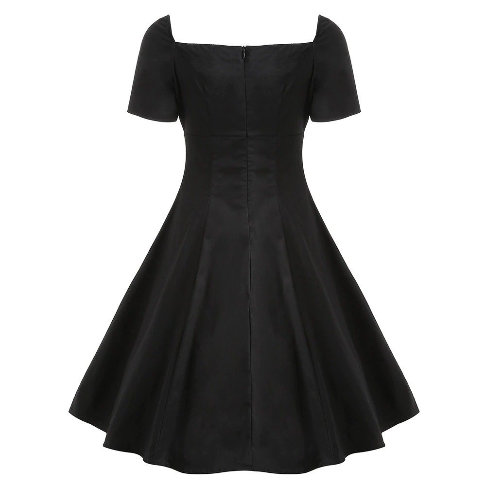 Elegant gothic vintage style women's dress with short sleeves and lace, showcased in classic black.