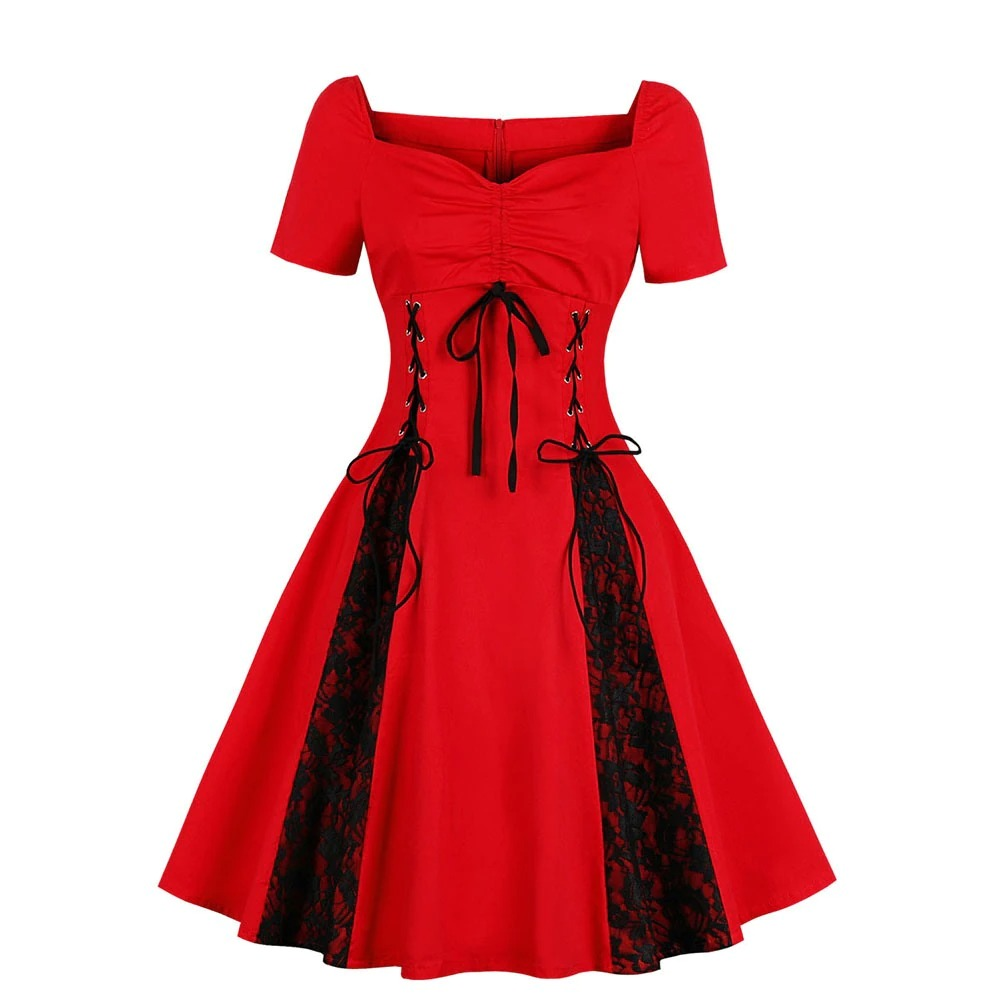Elegant Gothic lace-up red dress with short sleeves and retro design, featuring lace inserts for a graceful look.