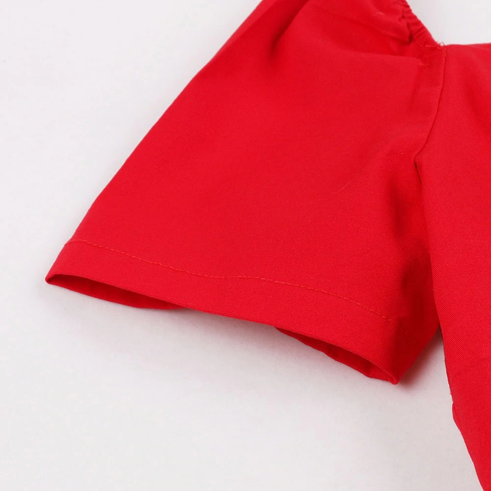 Close-up of the short sleeve of a vibrant red gothic lace-up dress for women, showcasing vintage style elegance.